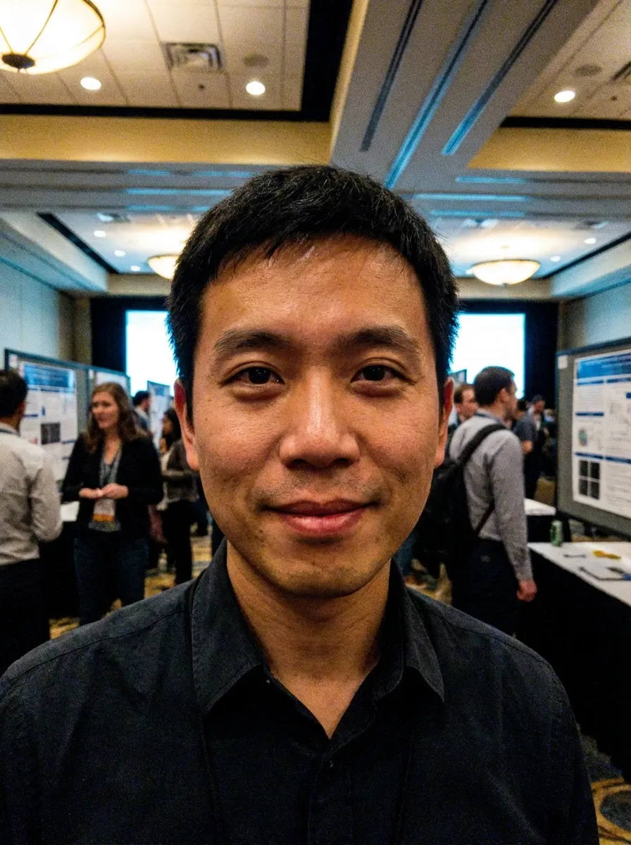 Original selfie input — man in a black collared shirt at an indoor event